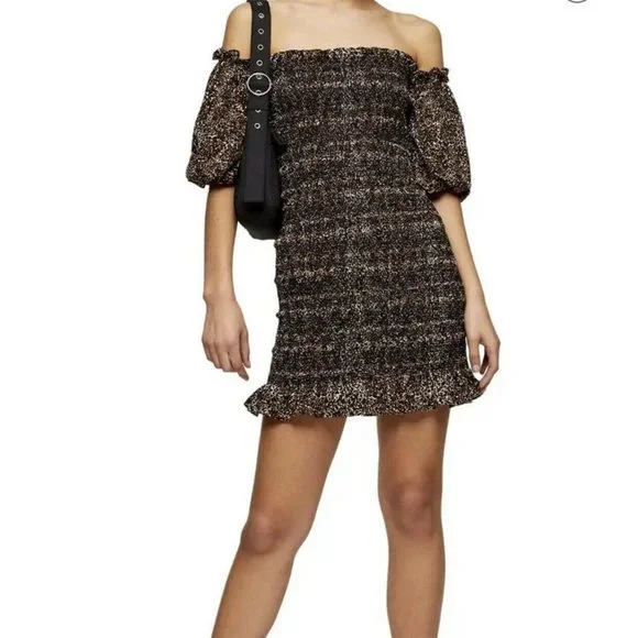 Topshop Dresses Topshop Off Shoulder Puff Sleeve Leopard Print